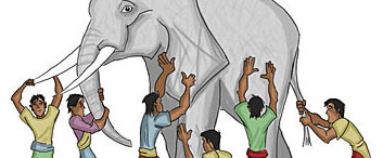 Six blindmen touching an elephant cropped.