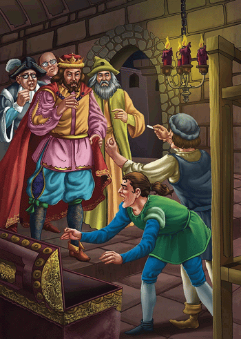 Emperor and his advisers inspect the invisible cloth at the loom.