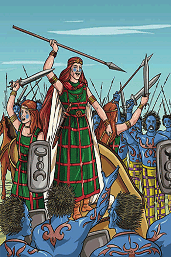 Boadicea and her daughters challenge her Iceni warriors to fight the Romans.