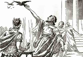 A Roman priest interprets the flight of the birds as good or evil.