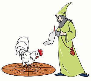 Alectoromancy-rooster divination.