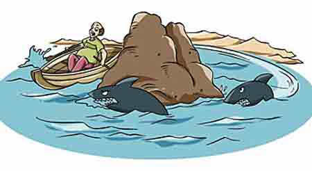 A man is trying to circumnavigate a rock formation in an effort to avoid sharks.