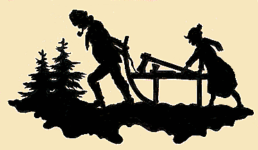 Silhouette of a man, a plow, and a girl