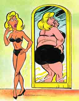 A slim girl has a fear of seeing herself in a mirror as being overweight.